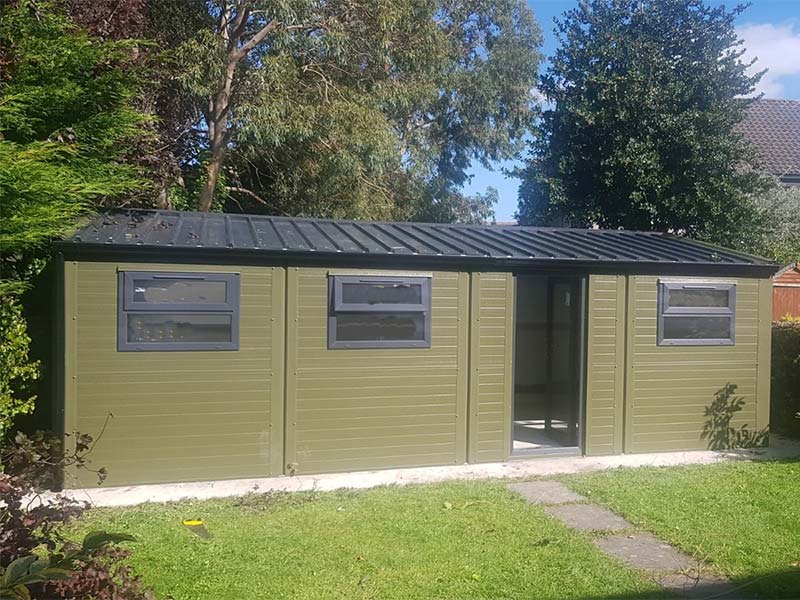9.2m x 3m Gold Range with Olive Green flat panel, uPVC door & windows Shanette Sheds